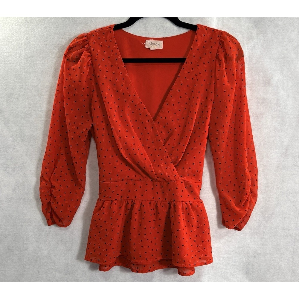 MERAKI Women Babydoll Hearts Blouse Puff Sleeves‎ Pullover Top Sz L Red 1-35